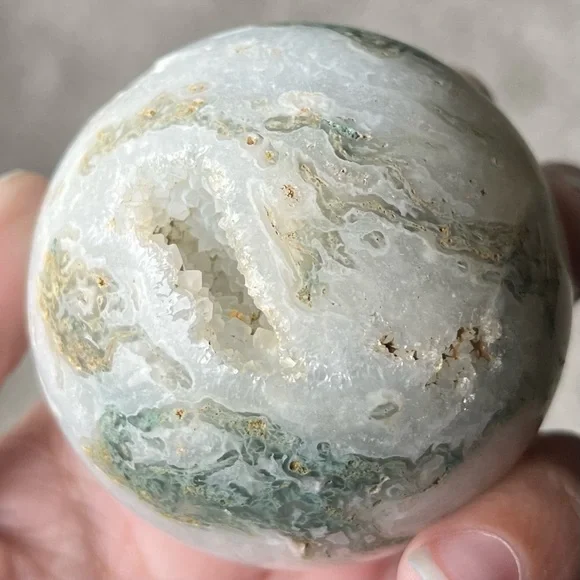 Moss Agate Sphere w/ Heart-Shaped Druzy Pocket - Picture 4 of 17